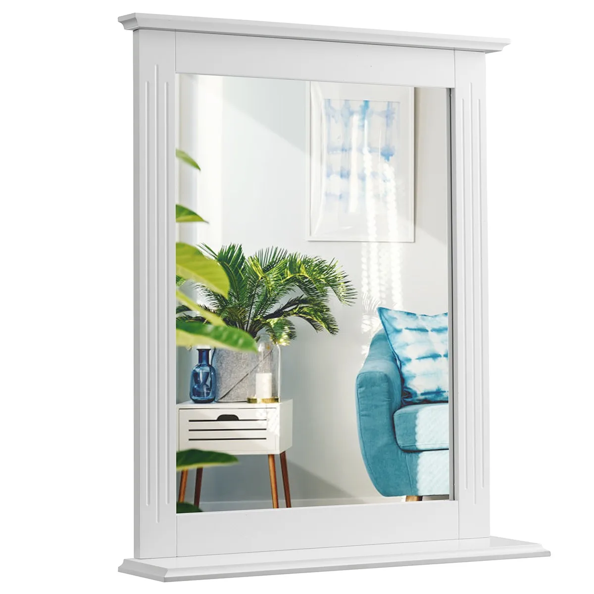 กระจกติดผนังห้องน้ำสีขาวพร้อมชั้นวางทรงสี่เหลี่ยม ดีไซน์หรูหรา ใช้เป็นกระจกแต่งหน้าได้