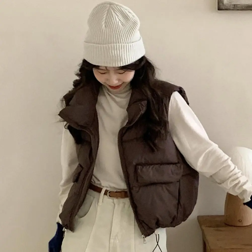 Women Vest Coat Stand Collar Sleeveless Zipper Placket Waistcoat with Pockets Drawstring Hem Loose Fit Solid Color Puffer Vest