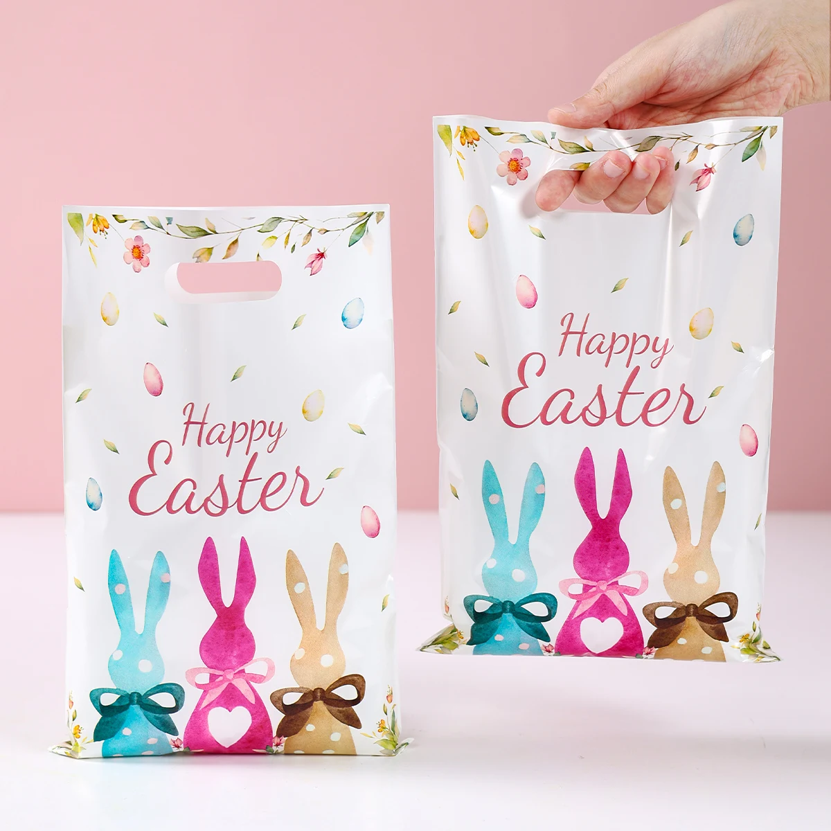 10/25/50pcs Easter Tote Bags with Handles Cartoon Bunny Carrot Design Plastic Gift Bags for Easter Egg Hunt Party Favors Gifts