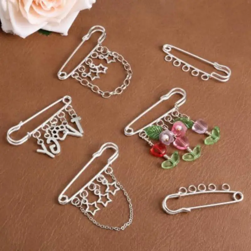 10PCS Silver Safety Pins Brooch Blank Base With 0/3/5 Loops Rings For DIY Jewelry Clothes Craft Making Supplies Accessories