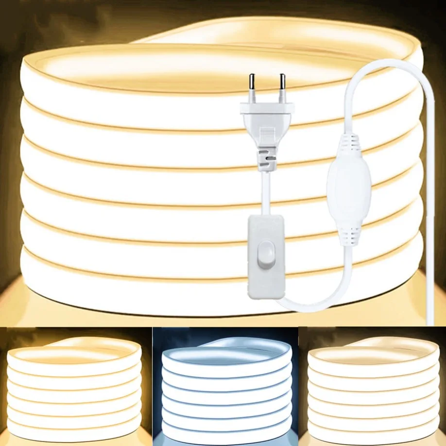 220V COB LED Lamp Strip FOB LED Tape 288LEDs/m Switch/Dimmable Power EU Plug RA90 Outdoor IP65 Waterproof Bedroom Lighting 1-30M