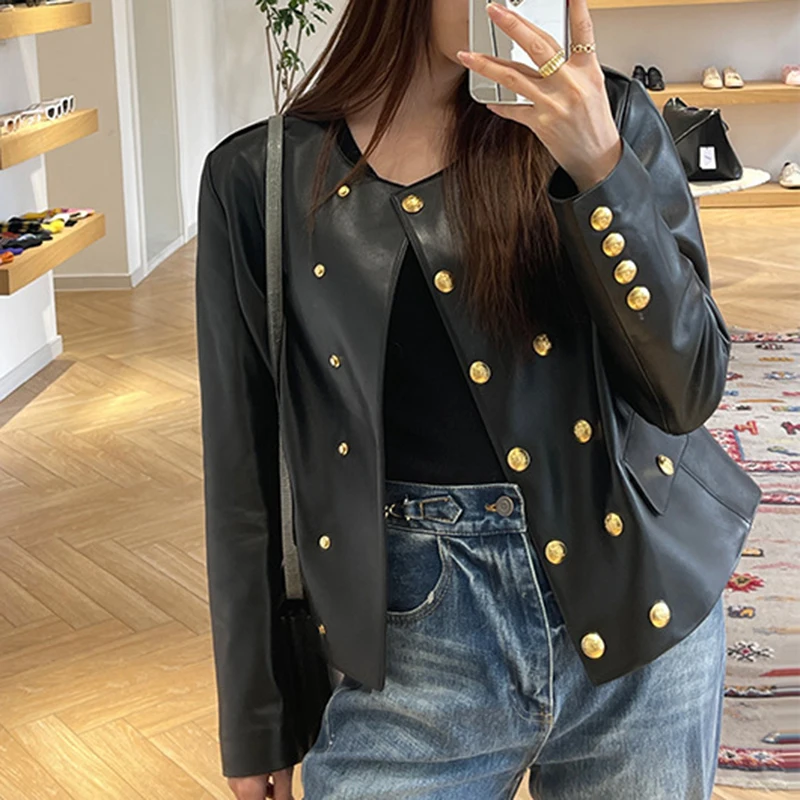 Sheepskin Jackets for Women Spring Autumn Fashion White All-Match Tops Ropa Mujer Double-Breasted Pocket Short Real Leather Coat