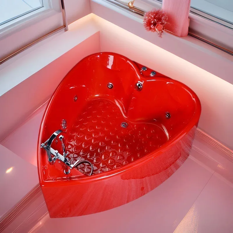 Heart-shaped red double bathtub, household bubble surfing jacuzzi, adult couple fan-shaped thermostatic heating tub