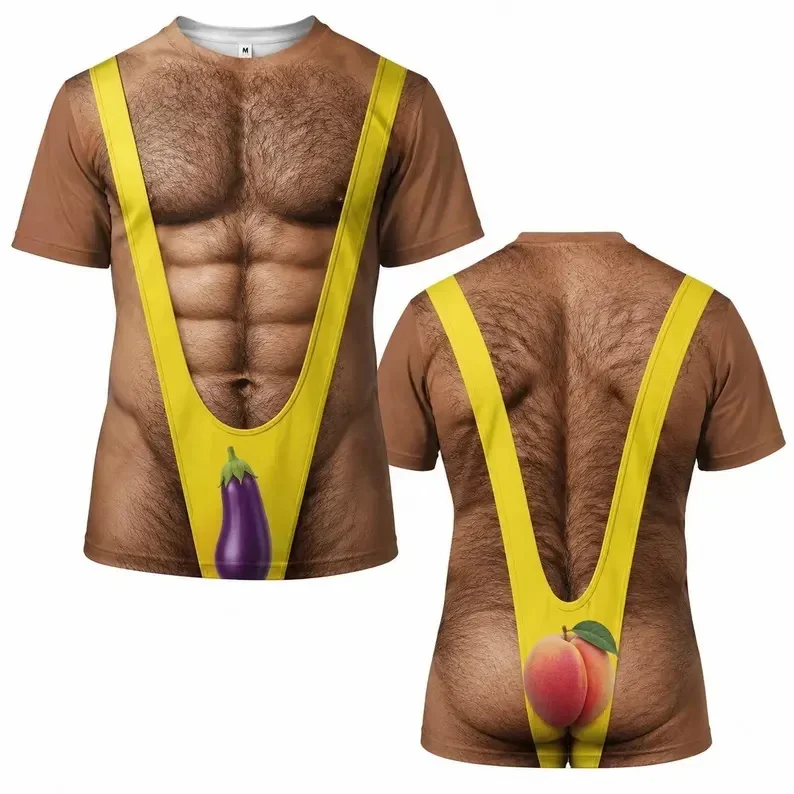 Summer Men Funny 3D Print T-Shirt Fake Hairy Chest Muscle Body Graphic T Shirts Men's Short Sleeve Party Tee Streetwear