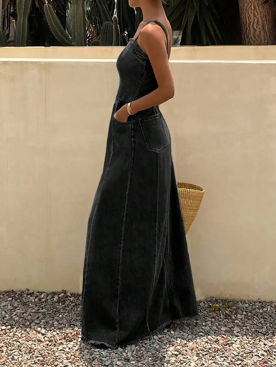 

Womens Sleeveless Black Denim Cami Dress With Spaghetti Straps Flared Raw Hem A-Line Sundress