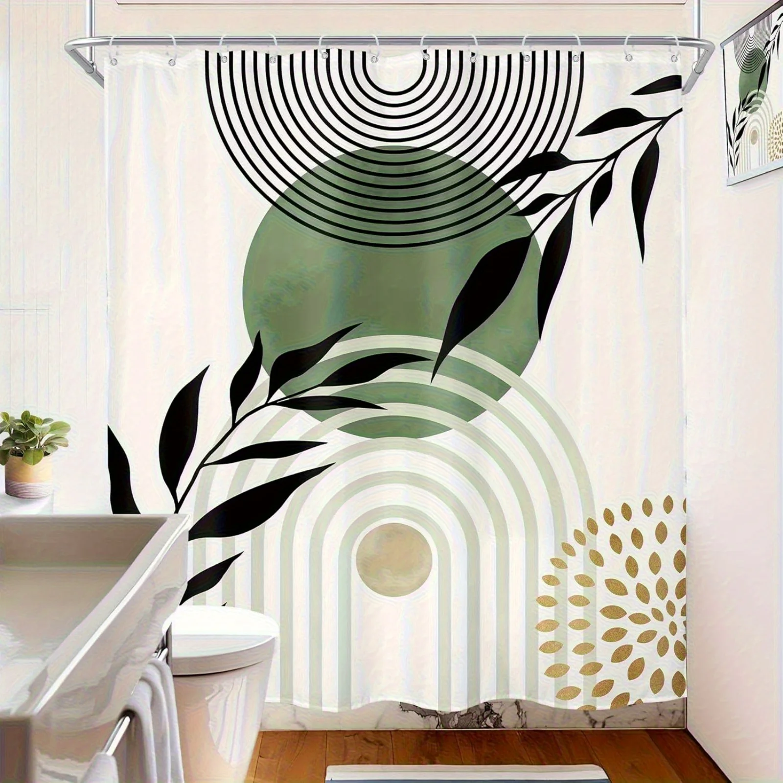 1pc 2D Flat Green And Golden Leaf Shower Curtain, Polyester Digital Printed Shower Curtain, No Drilling Bathroom Divider, Ideal