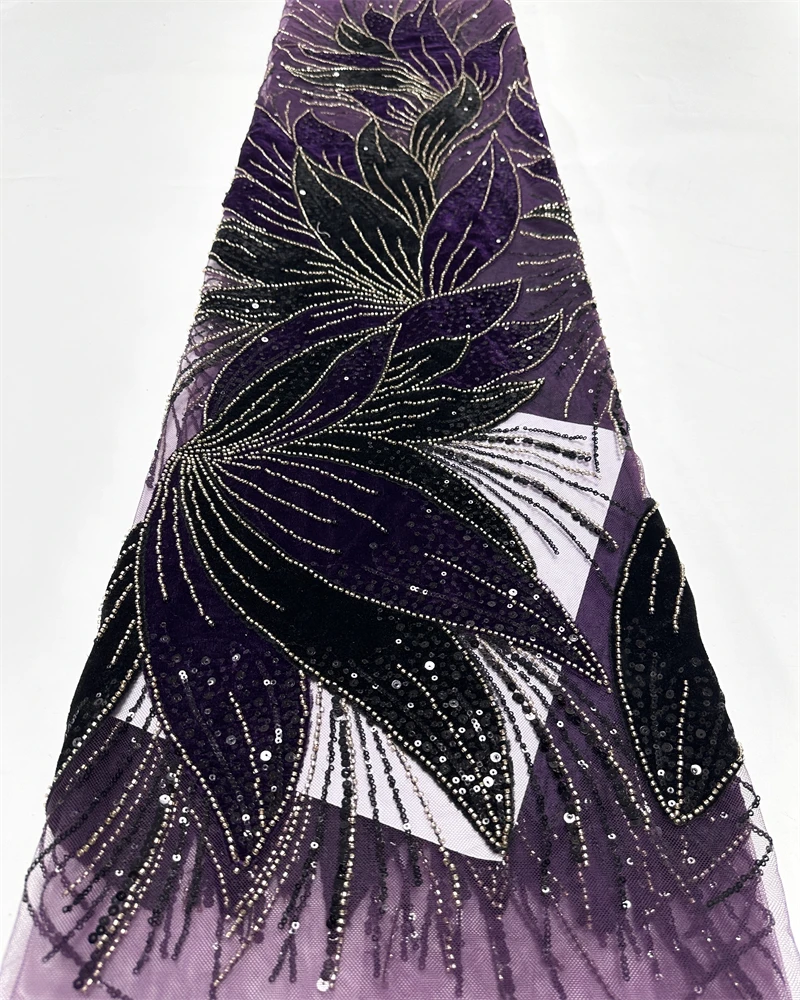 Luxury African Beaded Pearl Velvet Lace Fabric High-Quality Nigerian Sequins for Party Dress Sewing
