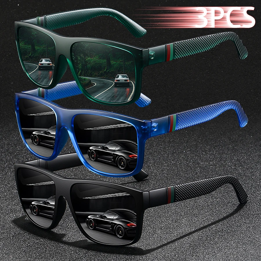 Image of 3-teilige modische quadratische Sonnenbrille für Männer und Frauen, trendige, farbenfrohe Outdoor-Brille zum Fahren, Angeln, Wandern