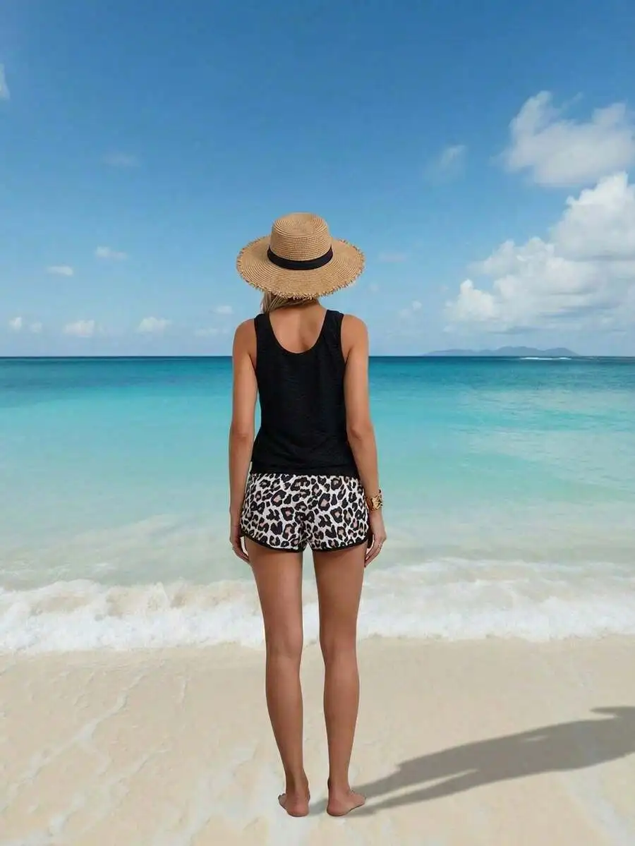 

Black Textured Tank Top And Leopard Print Shorts Swimsuit Set