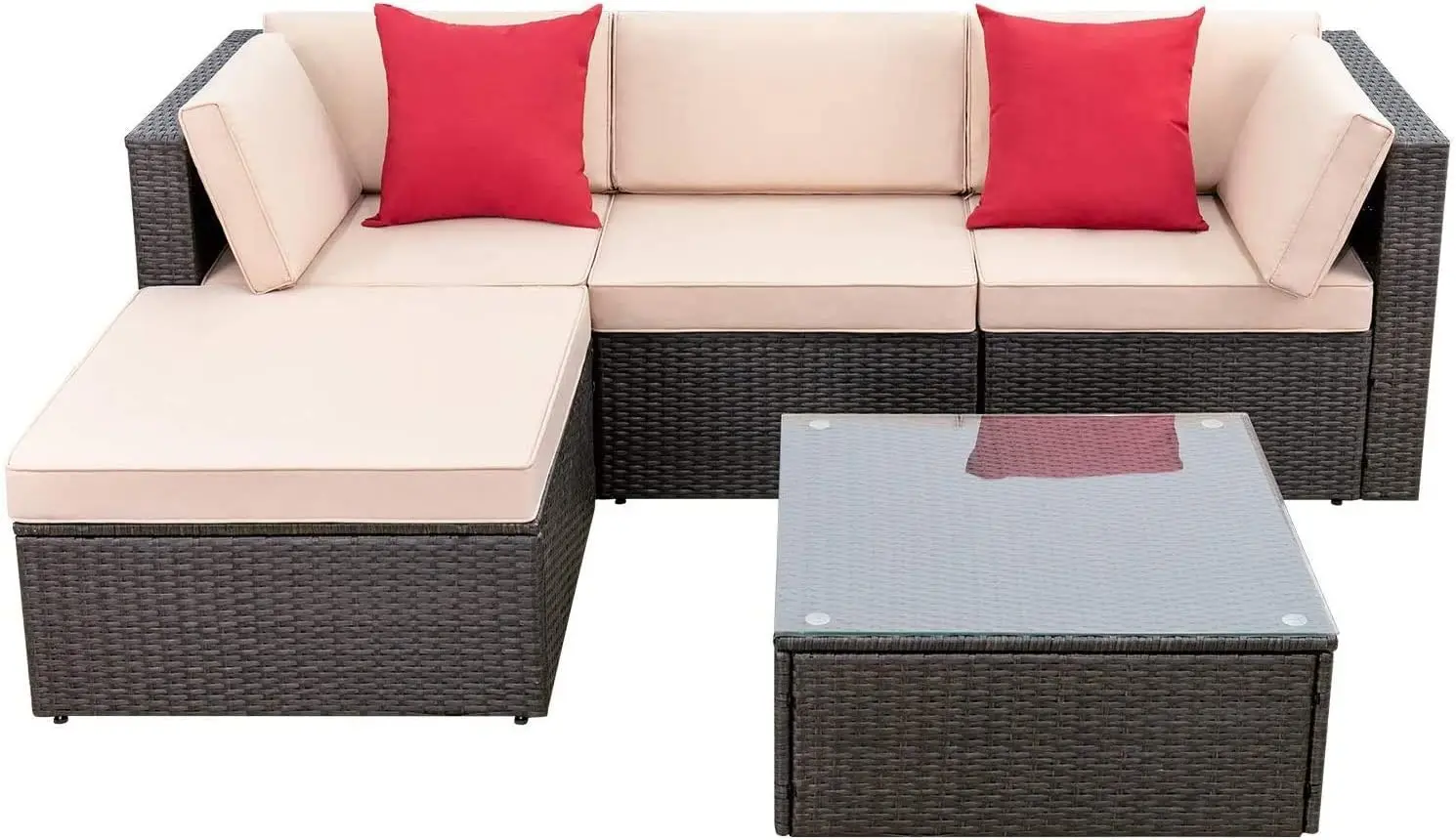 5-teiliges Terrassenmöbel-Set, wetterfestes Terrassensofa für den Außenbereich, manuelles Weben, Sitzsofas aus Korbgeflecht und Rattan mit Kissen