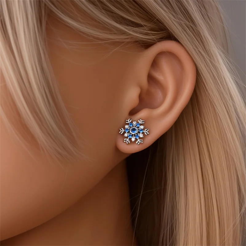 Women's Romantic 925 Sterling Silver Snowflake Star Shining Zircon Christmas Winter Earrings Fit Wedding Party Exquisite Jewelry