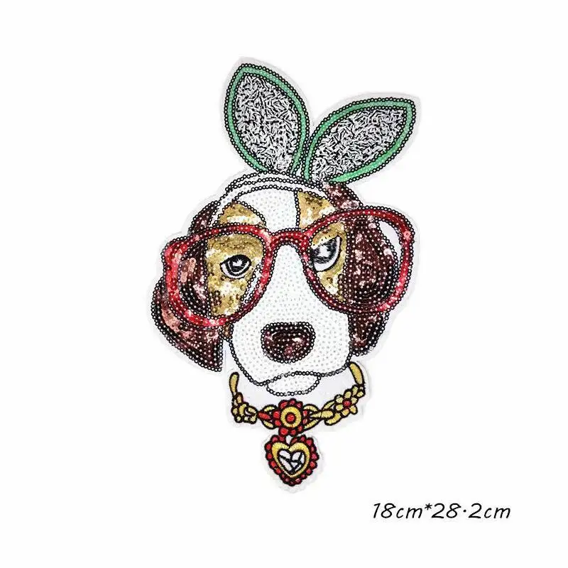 1PCS Popcorn Big glasses dog patches Applique Sewing Handmade Sequins Patch for Clothing Embroidered Appliques Free Delivery