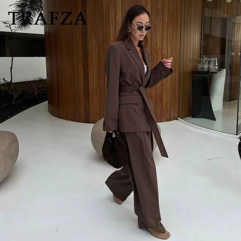 TRAFZA 2025 printemps été bureau dame élégant solide femmes costume mode ceintures décontractées droite haussement d'épaules Blazer Chic fermeture éclair pantalon Long