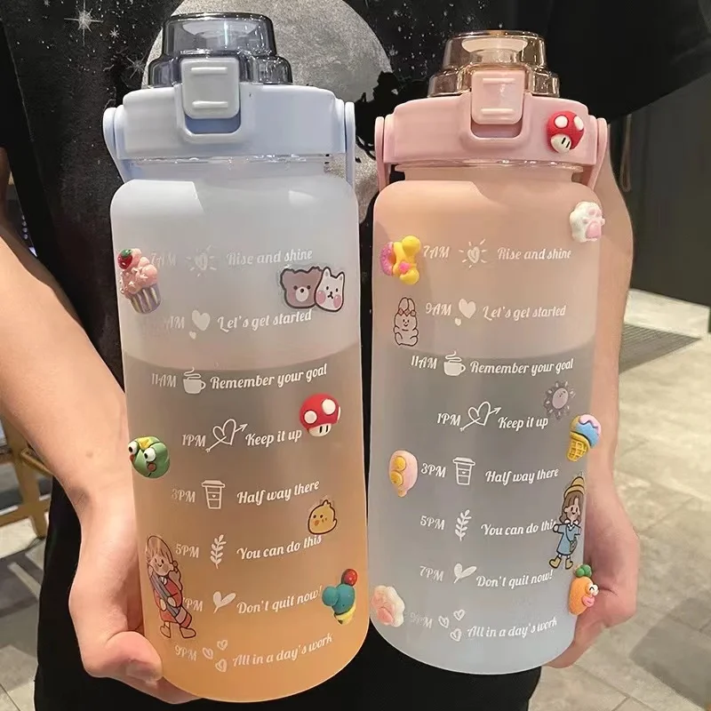 

2L Large Capacity Water Bottle With Bounce Cover Time Scale Reminder Frosted Cup With Cute Stickers For Outdoor Sports Fitness