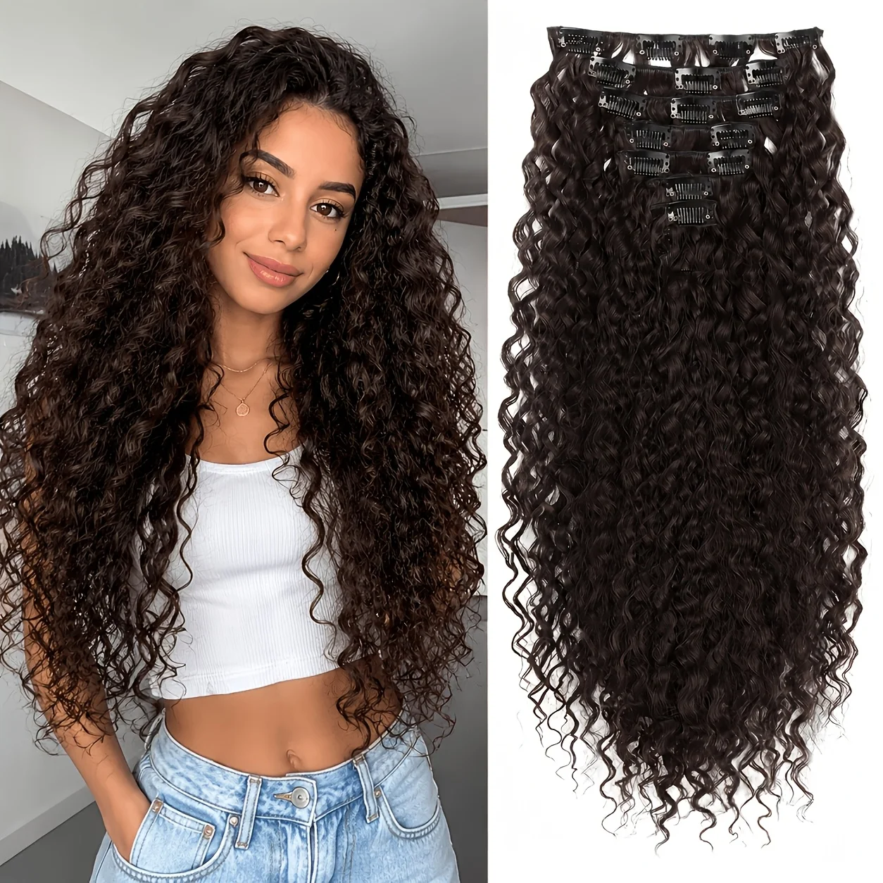 7pcs Clip In Curly Hair Extensions Suitable for Women - 50.8 cm Deep Wave Synthetic Hair with Clips, Heat Resistant Fiber
