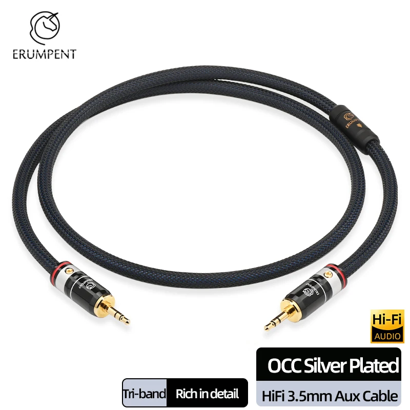 ERUMPENT HiFi Aux 3.5mm Cable for iPhone Computer Car Speaker OCC Silver Plating 3.5mm to 3.5mm Audio Cable