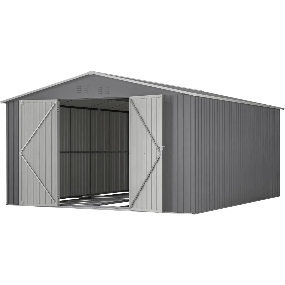 11 x 13FT outdoor metal storage shed with floor frame base, galvanized steel garden shed with 4 ventilation openings