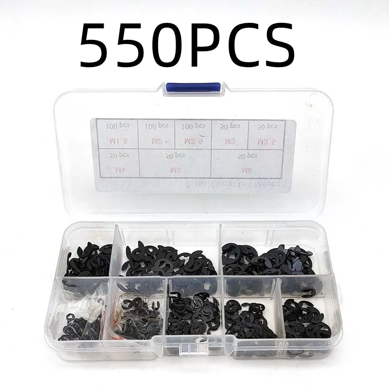 

550pcs Washer M1.5 M2 M2.5 M3 M3.5 M4 M5 M6 Black Carbon Steel External Retaining Ring E Clip Snap Circlip Washer