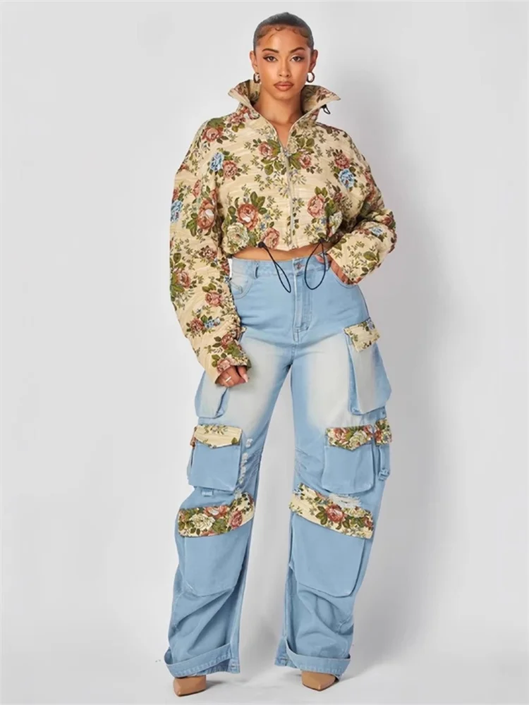 Wmstar Two Piece Set Women Denim Casual Coat Top Cargo Pants Sets Jeans Wide Leg Matching Suit Streetwear Wholesale Dropshipping