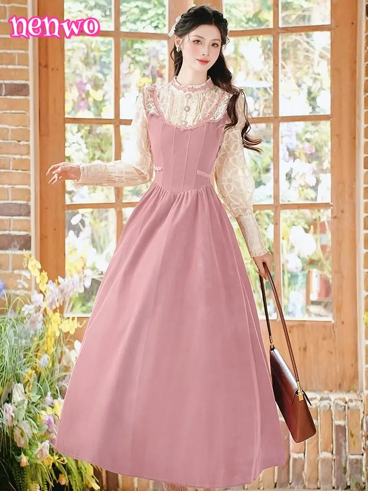 

Retro French Style Brown Velvet Dress Woman Vintage Victorian Medieval Costume Halloween Elegant Princess Dresses Autumn Winter