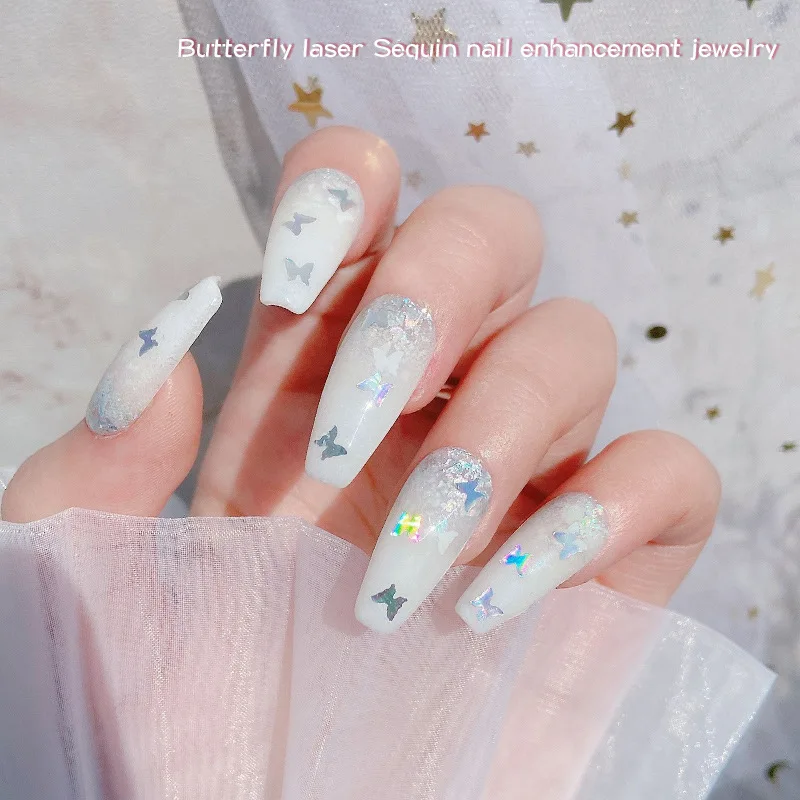 1Pcs Laser Iridescent Rectangular Butterfly Nail Sequins Mixed Silver Color Flakes for DIY Manicure Nail Art Decoration