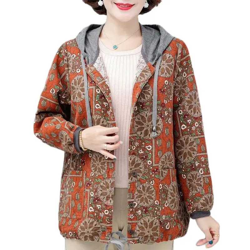 Frühling Herbst kurze Jacke Frauen neue lose Kordel zug Kapuzen mantel Mode druck Freizeit einreihige Oberbekleidung weiblich