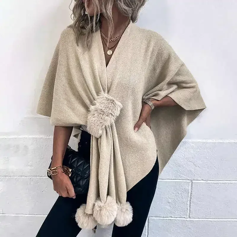 

Women's Cozy Synthetic Fiber Poncho Shawl with Faux Fur Pom Poms Soft Elegant Wrap for Winter Warmth Multiple Colors Available