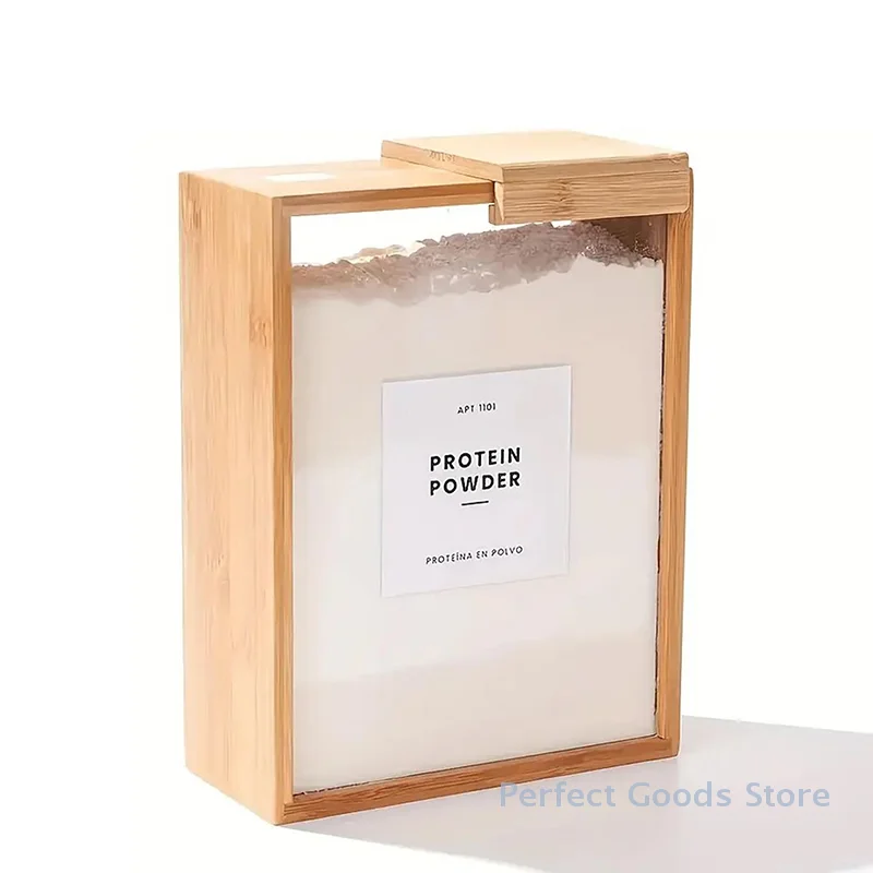 Bamboo Grain Storage Container Food Condiment Dispenser Transparent Sliding Lid Kitchen Storage Tank For Cereal, Rice, Flour