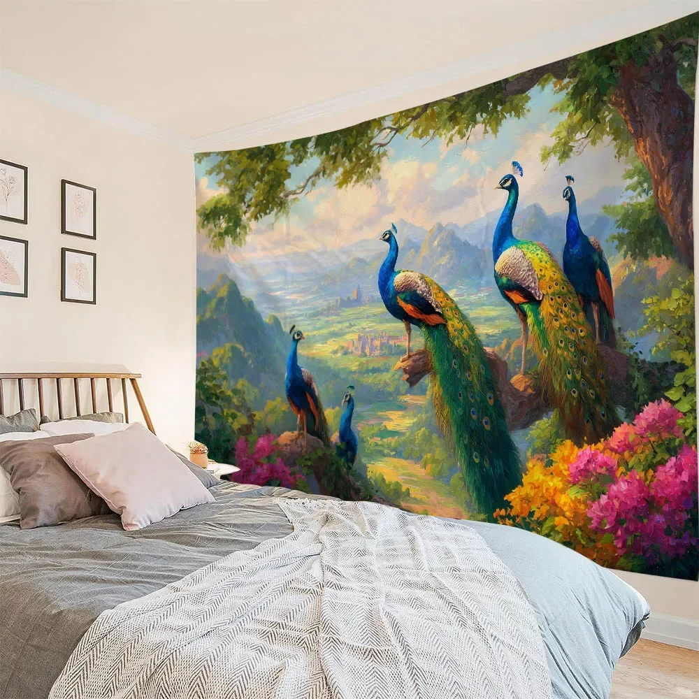 Vintage Jungle Flower Tapestry Elegant Peacock Wall Decor Waterfall Pattern Background Poster Home Aesthetics Enhancer