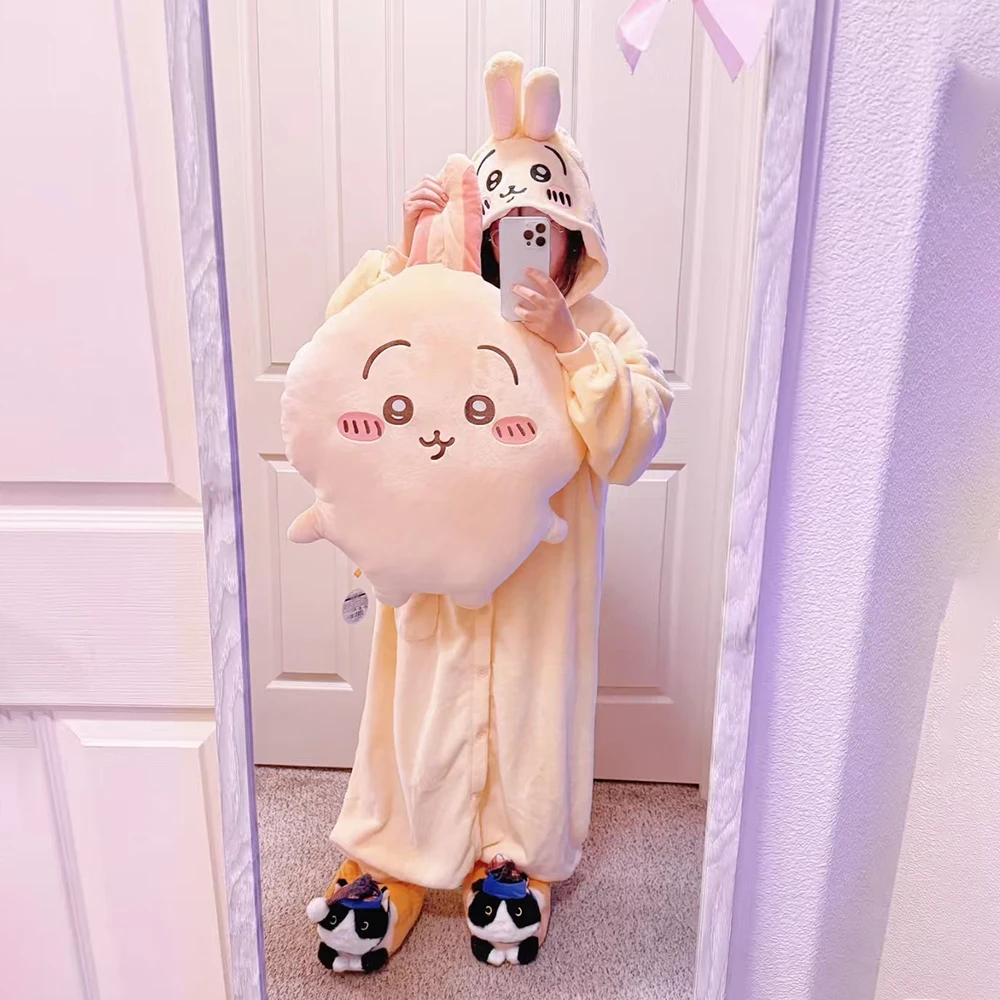 Y2K Kawaii Chiikawa Usagi Onesie Pyjamas Corail Velours Pyjama à capuche Dessin animé Hachiware Femmes Velours Étudiant Anime Homeclothes