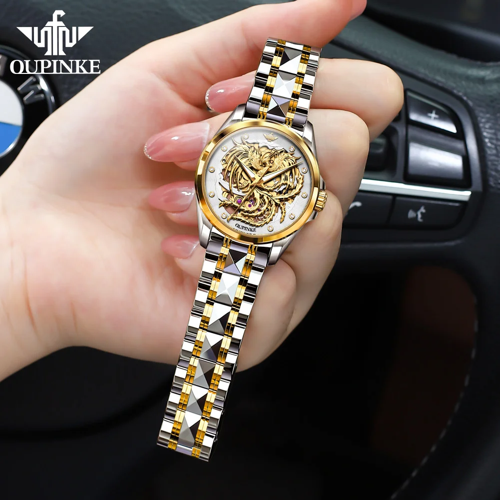 OUPINKE Women Automatic Watch Golden Phoenix Skeleton Dial Diamond Inlay Tungsten Steel Strap Luxury Ladies Wristwatch