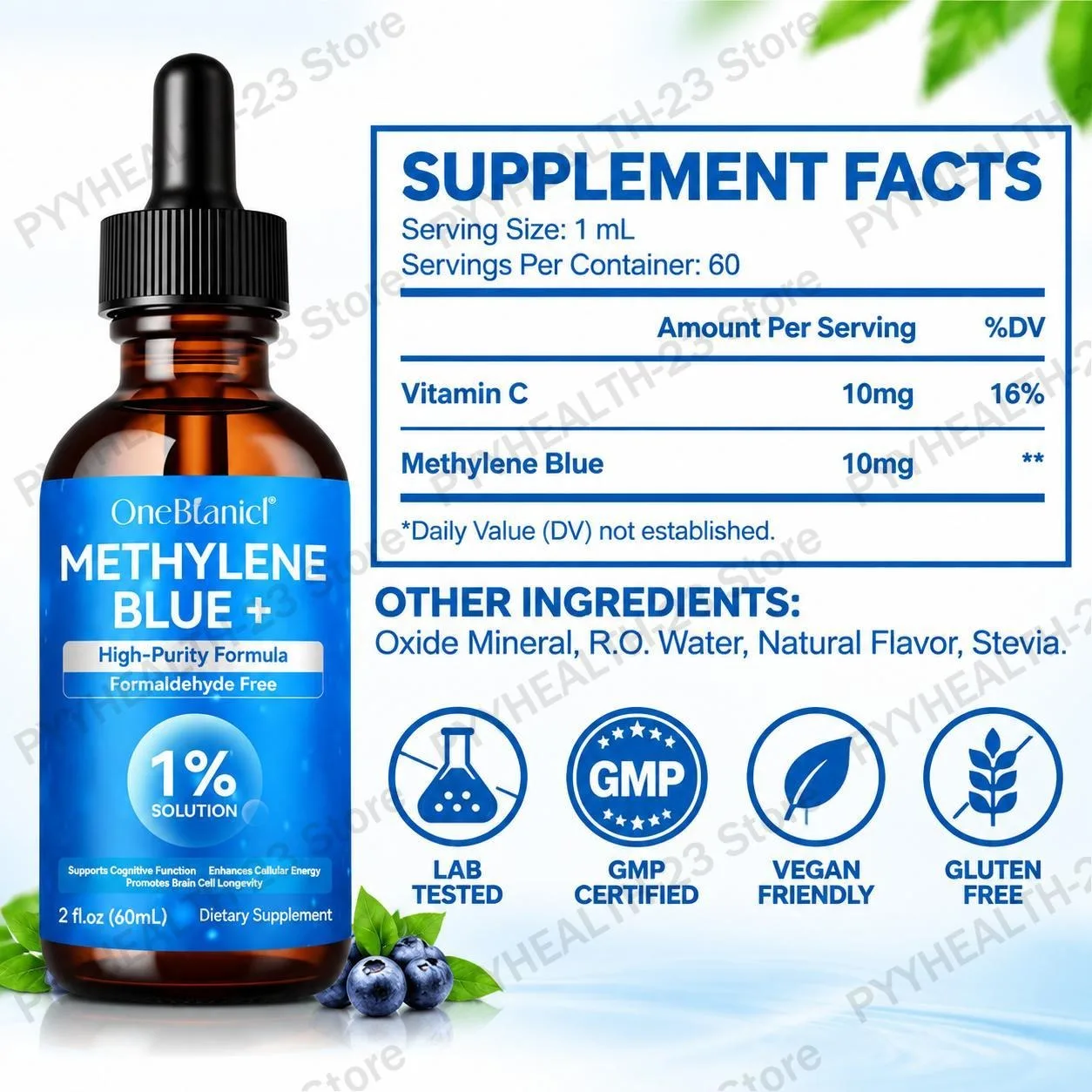 OneBlanici Methylene Blue Liquid 1% Solution High-Purity Formula Enhances Cognition Increases Cellular Energy Vitamin C 60 ML