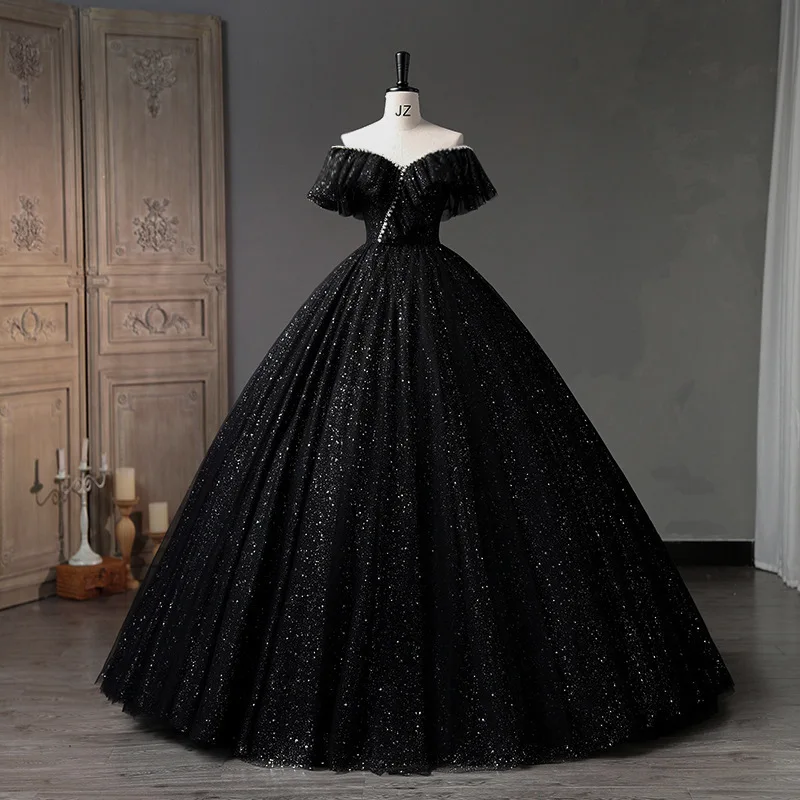 Elegant Black Evening Gown with Puffy Skirt One Shoulder Design for Piano Solo Performances Conference Hostess Adult Ceremony