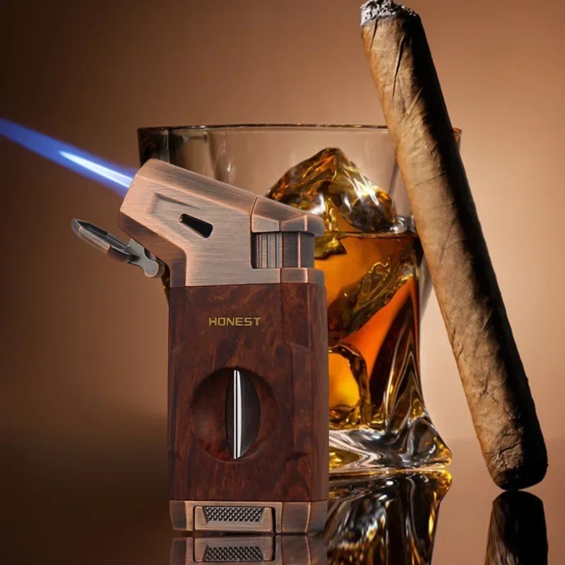 Nouveau allume-cigare de luxe avec coupe en forme de V fenêtre à gaz Visible allume-cigare rechargeable torche briquet fumeur cadeau pour hommes