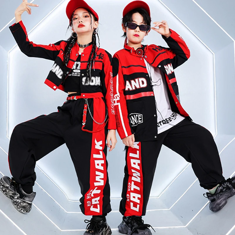 

Street Dance Outfit Children Jazz Dancewear Black And Red Jacket Pants Boys Girls Hip Hop Stage Costume Cool Streetwear AMY887