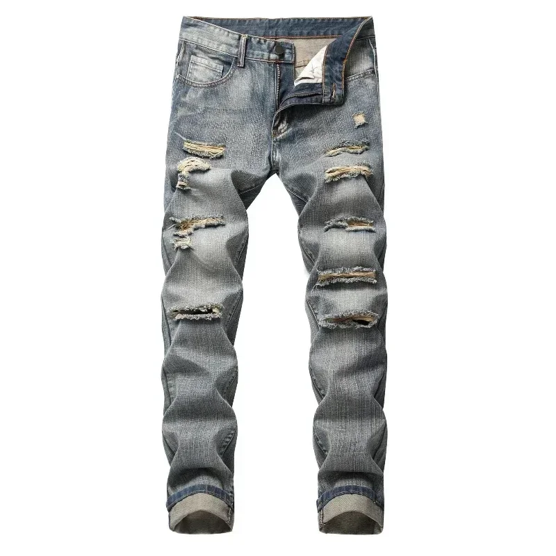 

Men Jeans Long Pant Denim Pants Hole Straight Trousers Splice Slim Fit Solid High Waist Casual Button Pocket Autumn Winter