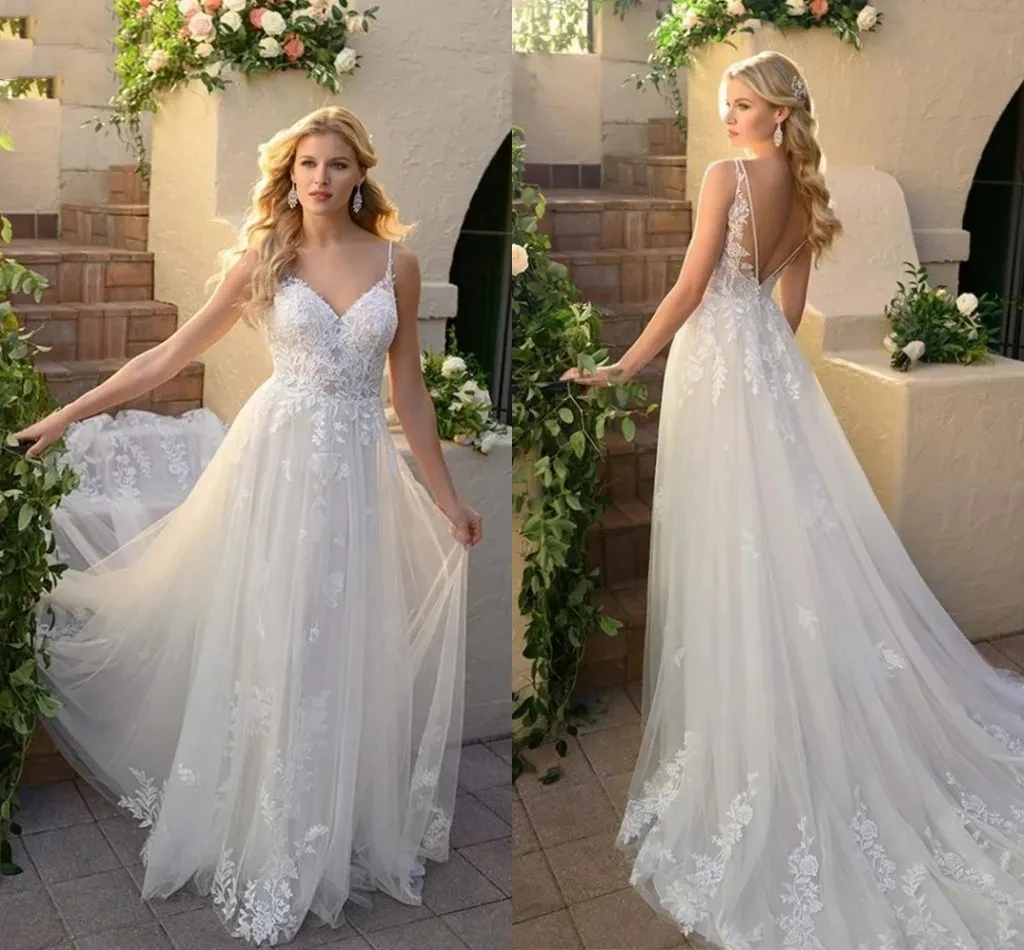 Robe de Mariée Élégante en Tulle, Col en V, Dos aux, Dentelle, Romantique, Plage, Jardin, Grande Taille, Sexy, Réception