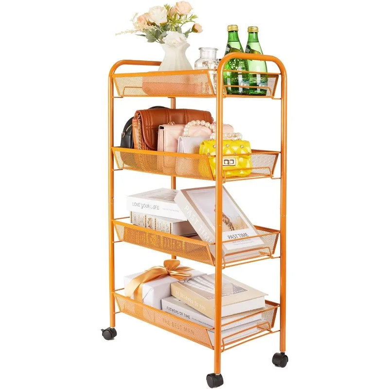 

4-Tier Metal Rolling Utility Cart, Mobile Utility Cart with Lockable Caster Wheels, Multi-Functional Storage Trolley