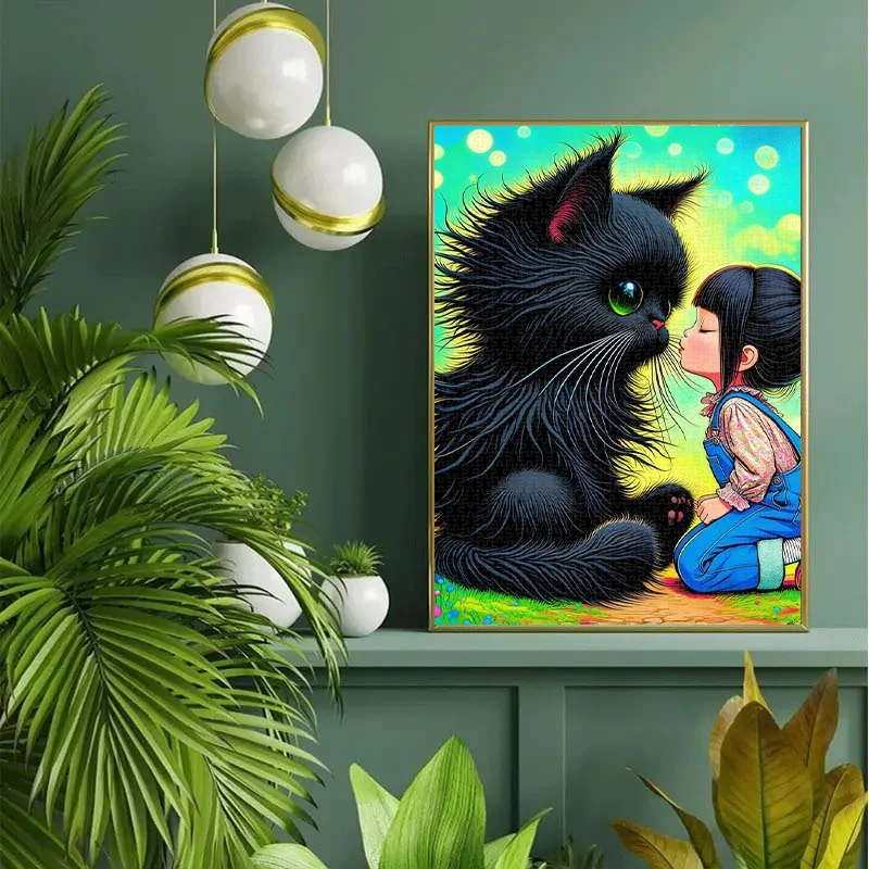 Puzzle fantaisiste pour chat et fille, 1000 pièces |   Puzzle portable en carton, 27,55 × 19,69 pouces, amusant anti-stress pour adultes, famille, joueurs,