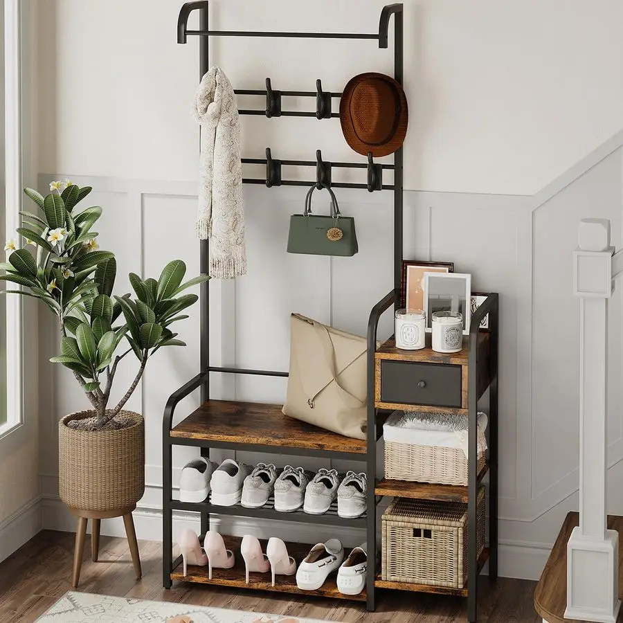 

Hall Tree Shoe Bench for Entryway, Coat Rack Entryway Bench with Storage Drawer, 5in1 Coat Rack Storage Shelf and 8 Hooks, Coat