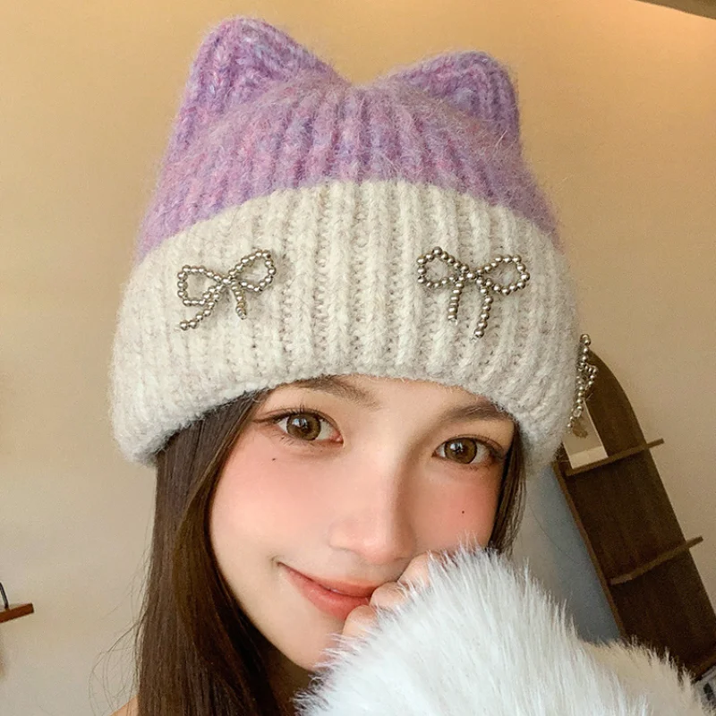 Warm Knitted Bow Hat Cute Cat Ears Women's Big Head Winter F