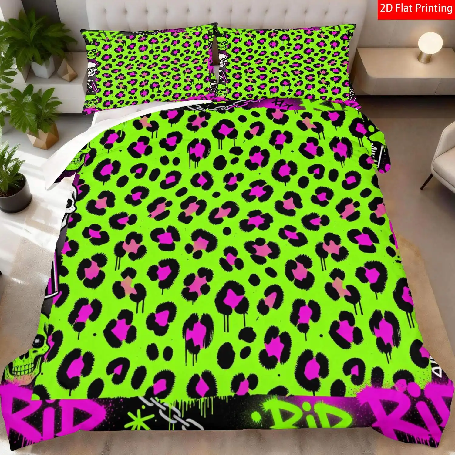 Customize 2/3pcs of 2D Flat Printed Bedding in Gothic Punk Style, Featuring a Neon Green And Purple Leopard Pattern with Skull G