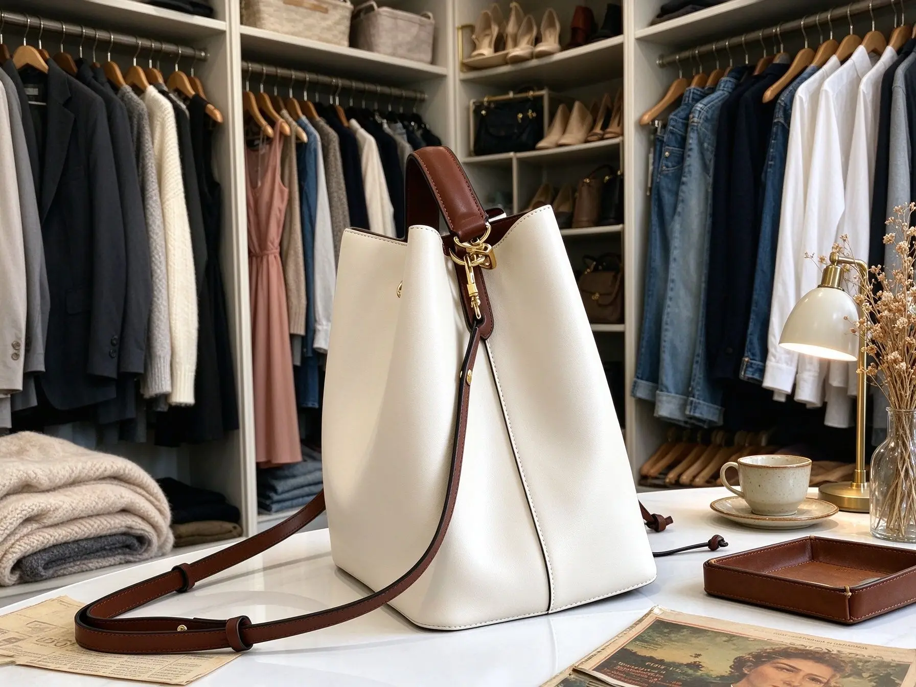Women White Drawstring Bucket Bag Contrast‑brown Leather Trim Large‑capacity Top‑handle Adjustable Crossbody Shoulder Ladies Purse