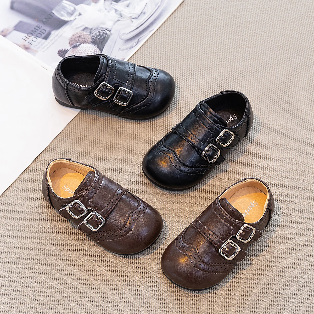 

Spring Autumn Kids Toddler Boys Girls Leather Shoes Double Buckle Non-Slip Soft Sole Breathable for School Daily Party Wear