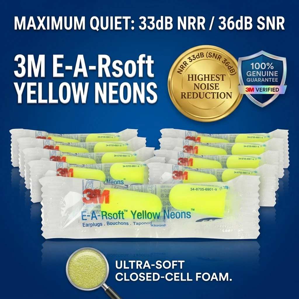 3M 312-1250 Earplugs E-A-Rsoft Yellow Neons Soft Foam Ear Plugs Noise Cancelling 33dB NRR for Sleeping Industrial Study Work