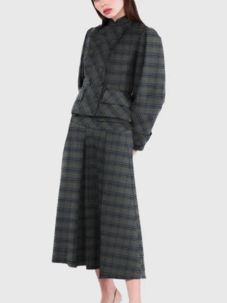 Women Vintage Plaid Office Party 2 Piece Sets Stand Collar Double Breasted Bubble Sleeves Jacket & High Waisted Midi Skirt Suits view 2