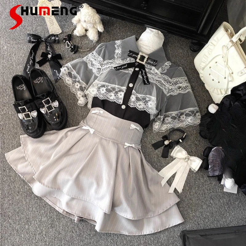 Japanese Original Rojita Single-breasted Shirt Mine Series Mass-produced Solid Color Lace Bucket Short-sleeved Blusas De Mujer