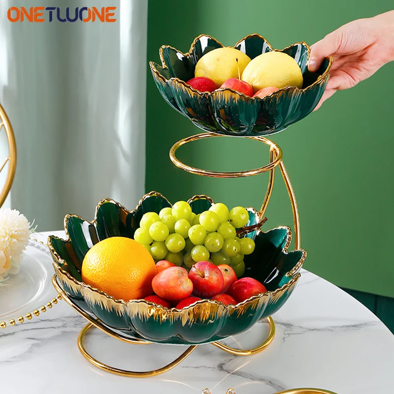

2 Tier Serving Stand Tiered with 2 Petal Porcelain Serving Bowl Set Thicker Sturdier Metal Rack for Food Fruit Plates Tableware
