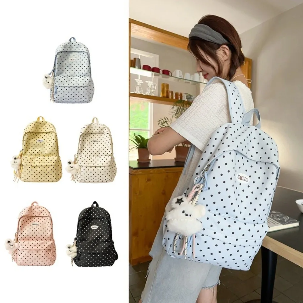 Cute Nylon Student Backpack Lightweight Polka Dot School Bag Multi Pocket Large Capacity Commute Backpack for Students Girls