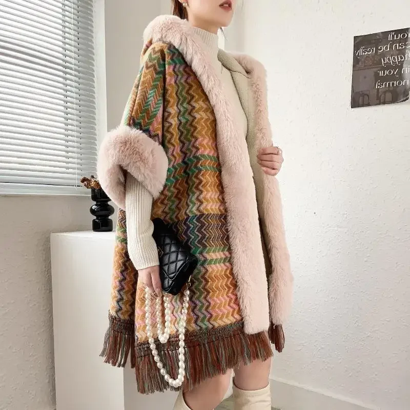 

Autumn Winter Thick Warm Fashion Knitting Cardigan Poncho Women Fur Collar Cloak Lady Party Shawls New Travel Scarf With Sleeve